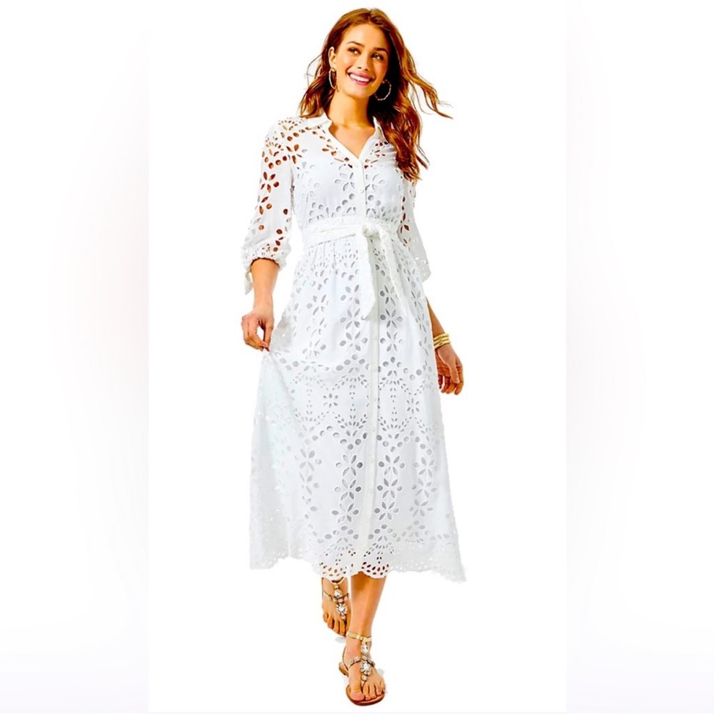 ❤️‍🔥❤️‍🔥❤️‍🔥LILLY PULITZER NEW AMNITA EYELET MIDI WHITE DRESS SIZE 14